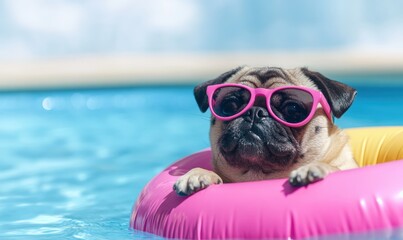 Pug with sunglasses in pool
