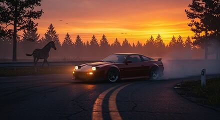 Red Sports Car Drifting at Sunset with Zebra