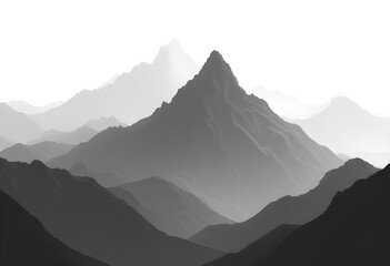 a serene mountain landscape with a sharp, pointed peak rising against a backdrop of misty, layered hills and valleys.