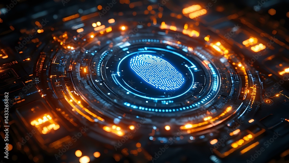 Poster digital fingerprint scan with glowing blue circular interface surrounded by orange technological ele