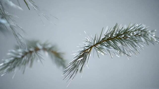 Winter Pine Needles Cascading in Ultra Slow Motion Against a Serene Gray Backdrop