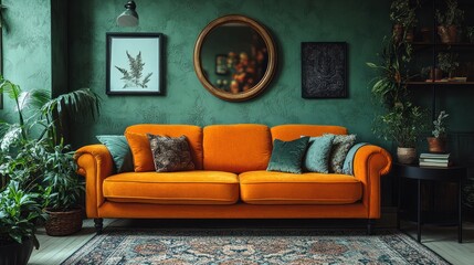 Orange sofa in a green room with plants and decorative wall hangings.