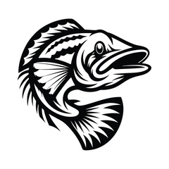 Bass Fish Black and White Freshwater Animal Design, Simple Silhouette