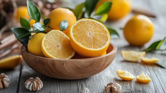 Fresh lemons in wooden bowl with citrus zest