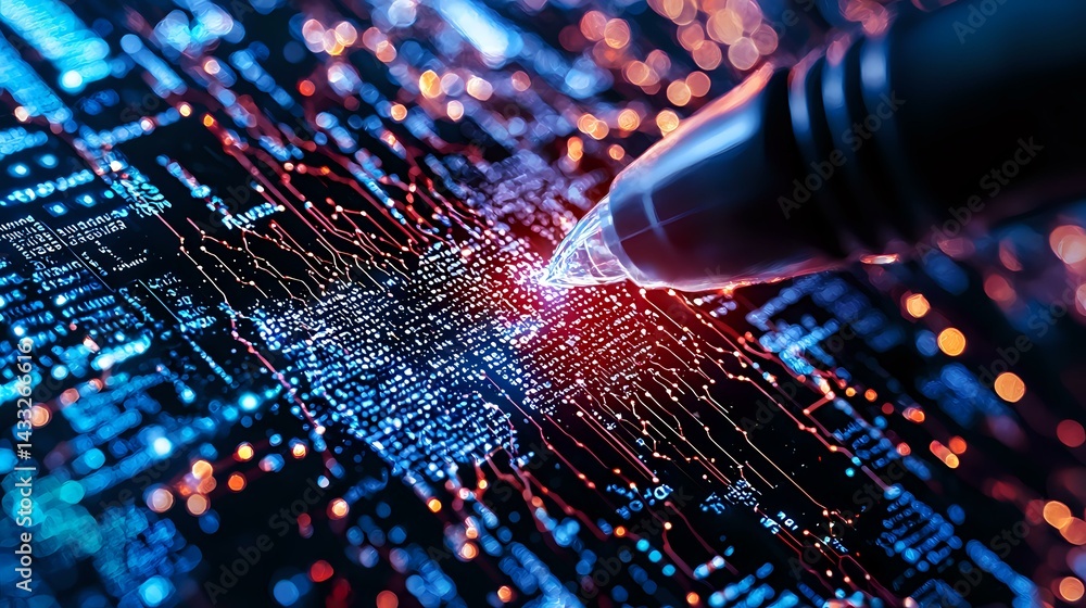 Poster glowing circuit board with red and blue light effects, electronic pathways and digital connections o