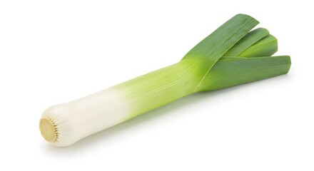 Leek's Natural Elegance: This image of a singular leek shows the simplicity and purity of the natural ingredient, captured in high-definition, revealing its fresh texture and subtle gradients.