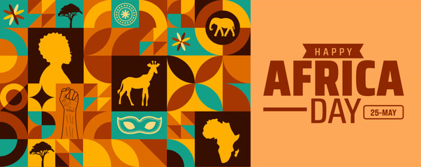 Happy Africa Day Geometric shape pattern background, banner or poster design template.  showcases African wildlife like elephants and giraffes with African map and African black man.
