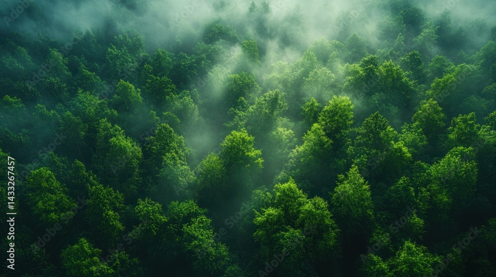 Poster forest canopy view from above with fog and mist in the trees.
