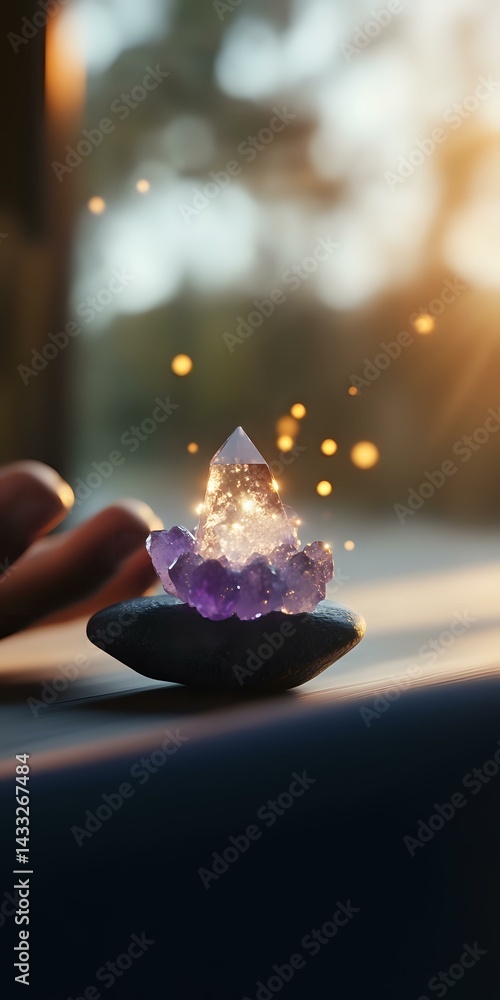 Aufkleber glowing amethyst crystal cluster on black stone with magical sparkles and bokeh lights against blurr