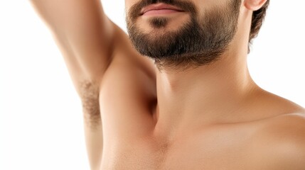 Obraz premium Caucasian male displays shoulder, beard visible, demonstrating self-care, hygiene, cleanliness, body positivity.
