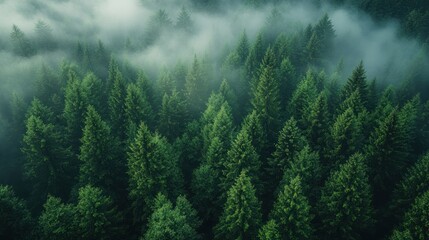 Dense green forest canopy with mist or fog creating a moody atmosphere.