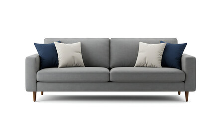 A contemporary two-seater sofa in a light gray fabric is shown against a white background, adorned with two off-white and two dark blue throw pillows.