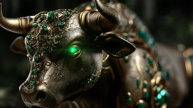 This captivating artwork highlights the Taurus zodiac sign through a beautifully crafted bull adorned with emerald-like gems, radiating energy and charm in an enchanting setting