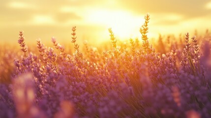 Endless Lavender Fields Bathed in Golden Sunset