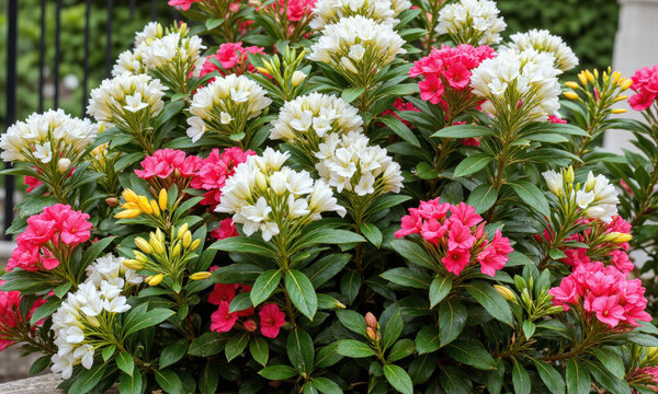 Oleander (Nerium oleander) A hardy evergreen shrub with leathery, dark green leaves and showy clusters of flowers in white, pink,