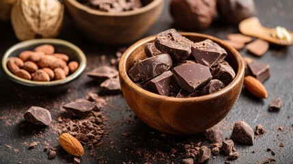 Chocolate and nuts on rustic surface