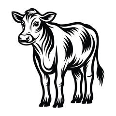 Standing Calf in Black & White Farm Animal Artwork, Simple Design