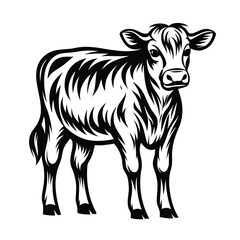 Minimalist Black and White of a Standing Cow Calf Isolated on White