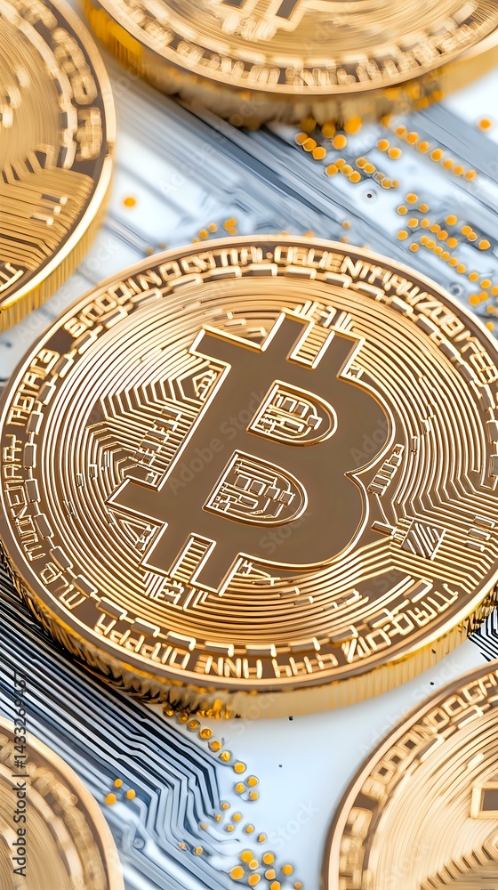Poster golden cryptocurrency coins on circuit board background with scattered small golden particles, macro