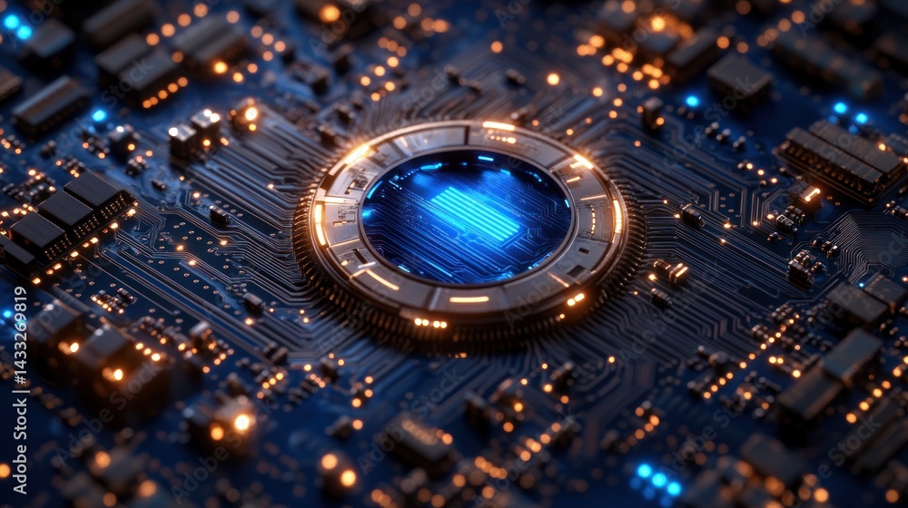 Poster close-up of a computer circuit board with a central glowing blue element.