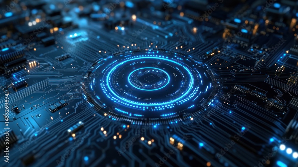 Poster glowing blue circuit board with a central circular design and electronic components.