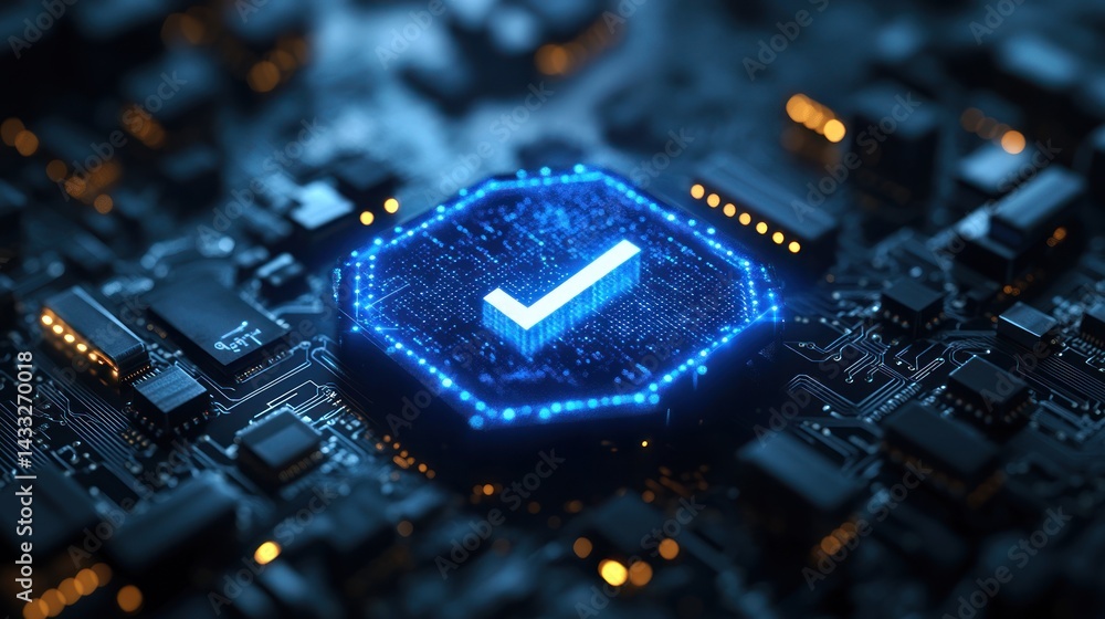 Aufkleber glowing check mark on a dark circuit board with electronic components.