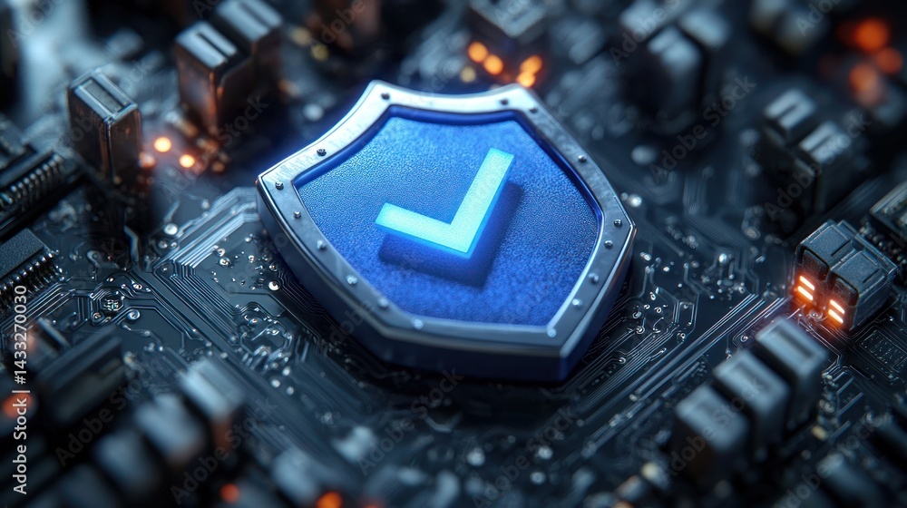 Poster Blue shield with checkmark on a circuit board representing cybersecurity and protection.