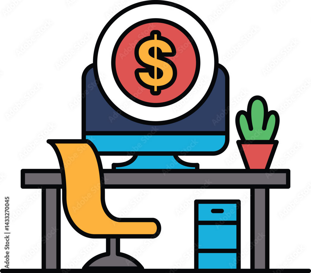 Poster a computer monitor with a dollar sign on it sits on a desk with a chair