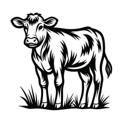 Black and White Silhouette of a Calf Standing on Grass with Detailed Art