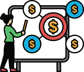 A woman is standing in front of a white board with a dollar sign in the center