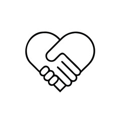heart shape handshake outline vector icon on white background