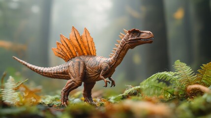 Toy dinosaur spinosaurus on a background of greenery, realistic texture. Use in themes about dinosaurs, children's games, nature.