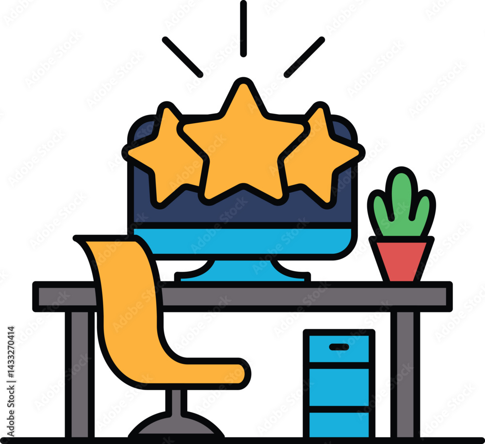 Poster a computer monitor with three stars on it sits on a desk with a chair