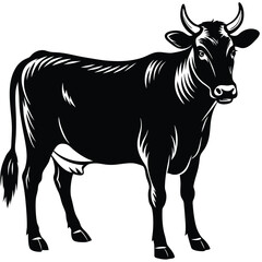Silhouette Of A Black Cow Isolated On White Background; Horns, Hooves And Fur Details