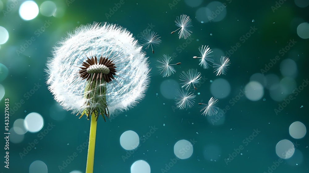 Poster delicate dandelion seeds floating in breeze against blurred teal background with magical bokeh light