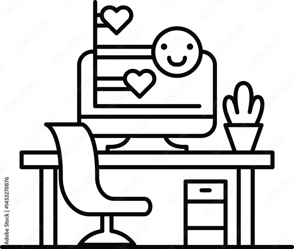 Poster computer monitor with a smiling face and hearts surrounding it