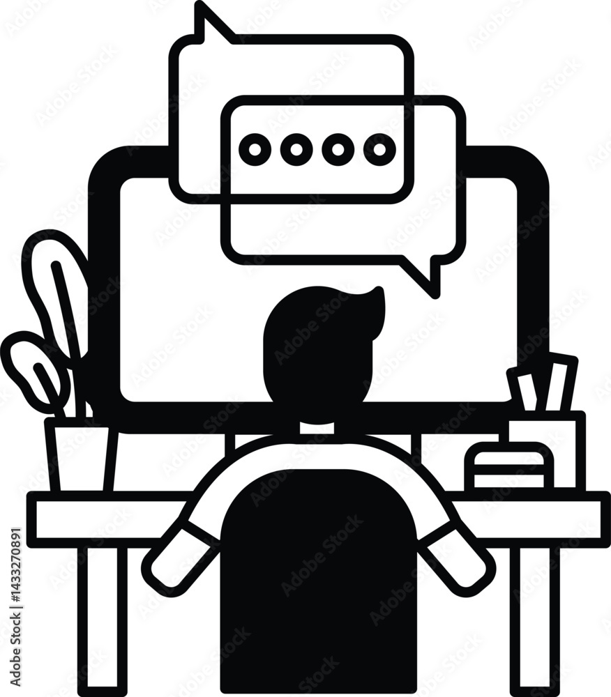 Poster man is sitting at a desk with a computer monitor in front of him