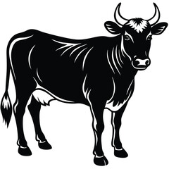 Bold Black & White Cow Detailed, Farm Animal, Bovine Silhouette, Horned