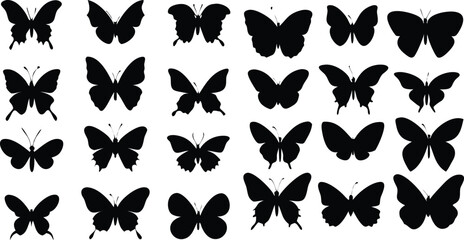 Fototapeta premium Flying butterflies silhouette black set isolated on transparent background. Butterfly collection
