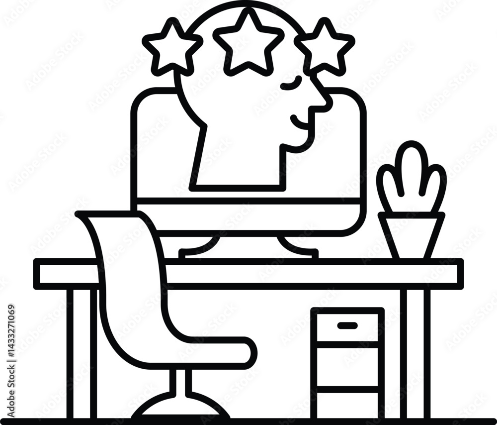 Poster computer monitor with a head and stars on it sits on a desk with a chair