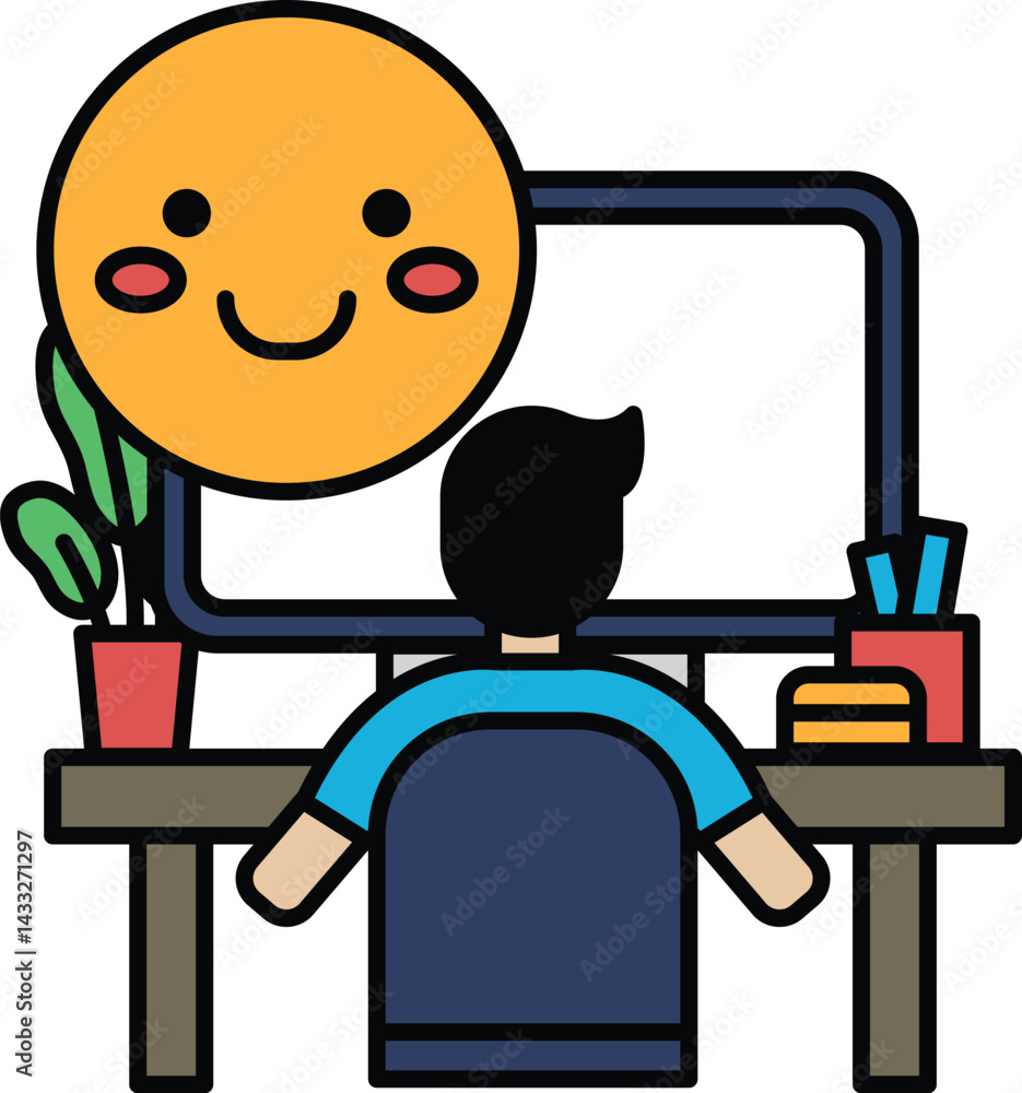 Poster a man is sitting at a desk with a computer monitor in front of him