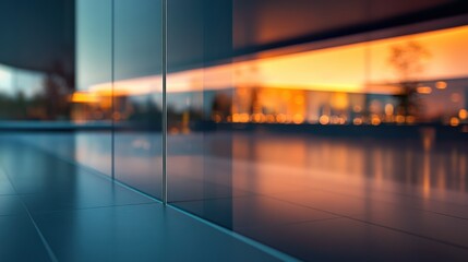 Fototapeta premium Modern architecture featuring reflective glass surfaces and warm lighting