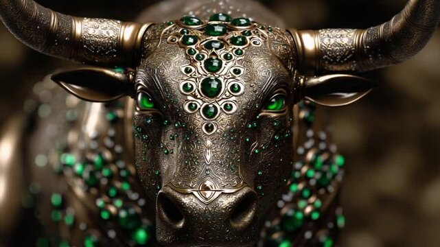 Delve into the details of Taurus, the second zodiac sign, represented by a beautifully crafted bull adorned with shimmering gemstones, symbolizing strength and stability