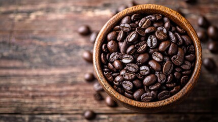 Fototapeta premium Coffee beans in rustic wooden bowl