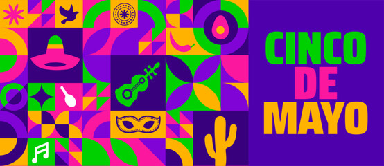 Cinco de Mayo Geometric shape pattern background, banner or poster design template. May 5 federal holiday in Mexico. Fiesta banner and poster design with flags, flowers, decorations, skull.