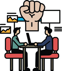 Two men sitting at a table with a fist on top of it