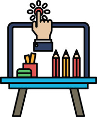 A stylized drawing of a hand pointing to a laptop with a red button