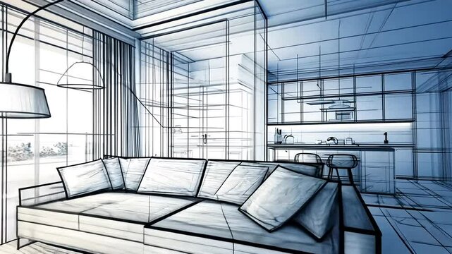 Modern living room design with open kitchen layout