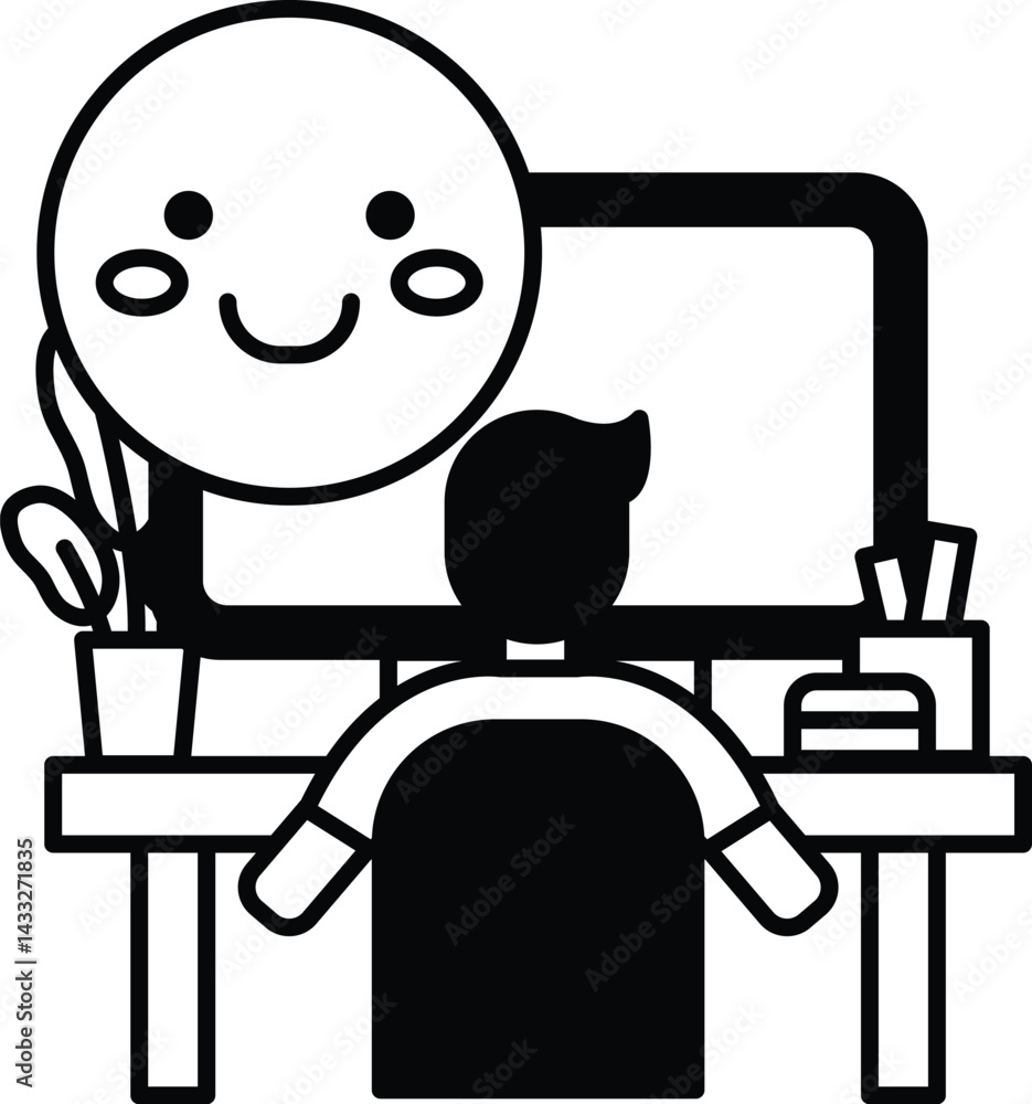 Poster man is sitting at a desk with a computer monitor in front of him