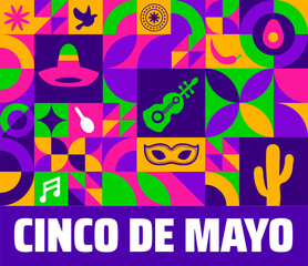 Cinco de Mayo Geometric shape pattern background, banner or poster design template. May 5 federal holiday in Mexico. Fiesta banner and poster design with flags, flowers, decorations, skull.